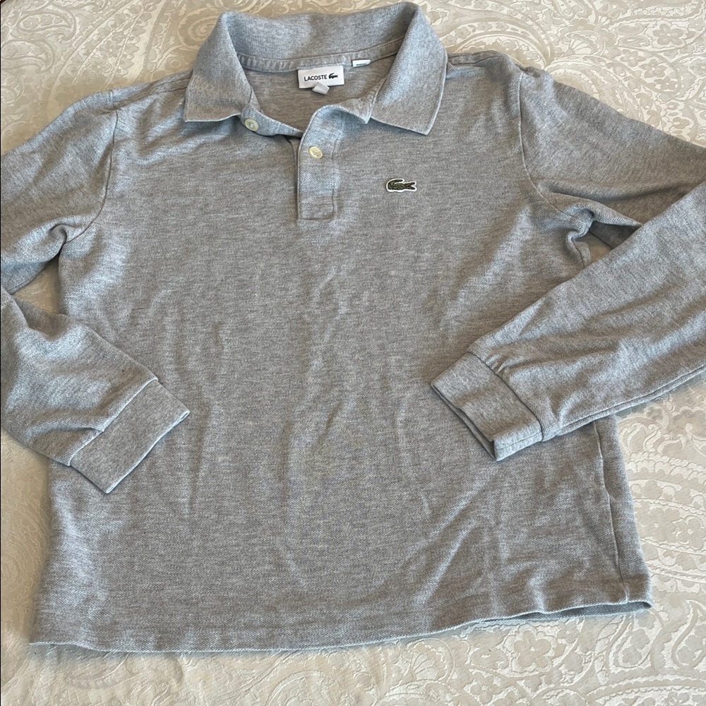 Lacoste Kids Long-Sleeve Polo Light Gray with Green Crocodile Logo Size 14 EUC